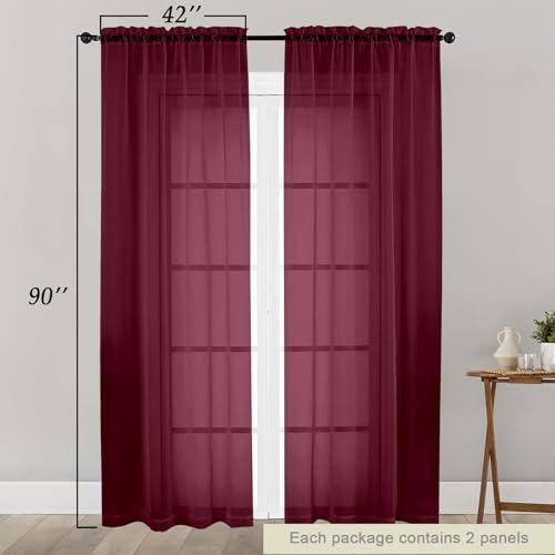 Sheer Burgundy Curtains for Bedroom Living Room 90 Inches Long 2 Panels Set (Burgundy / 42"W x 90"L (Pack of 2))