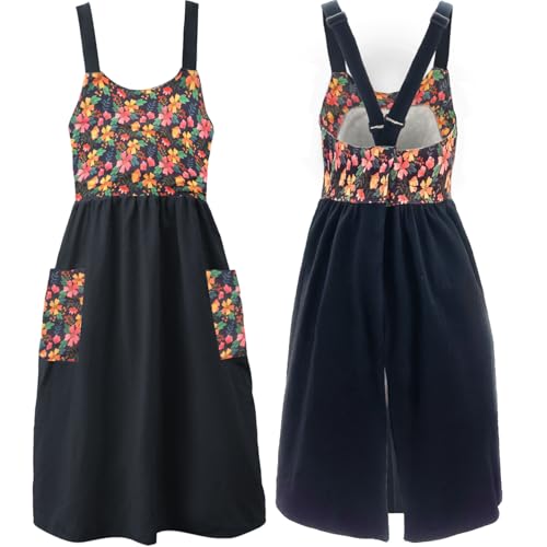 Cotton Linen Apron Cross Back Apron for Women with Pockets Pinafore Dress (Floral Black)