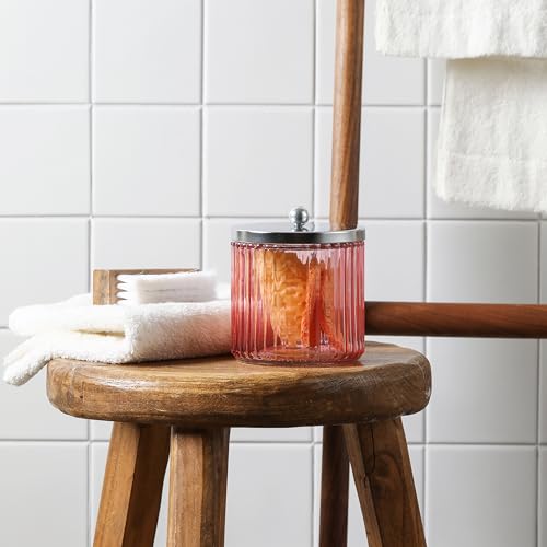 2 Pack Pink Glass Bathroom Canister Set with Silver Metal Lids