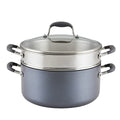 Advanced Home Hard Anodized Nonstick Wide Stockpot with Stainless Steel Steamer Insert and Glass Lid (8.5 Quarts / Moonstone)