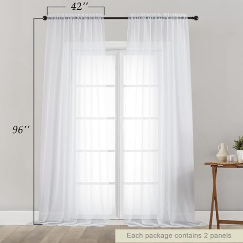 White Sheer Curtains for Bedroom Living Room 96 Inches Long 2 Panels (White / 42"W x 96"L (Pack of 2))