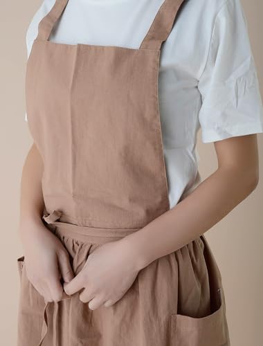 Japanese Cotton Linen Cross Back Work Apron for Women with Pockets Pinafore Dress Smock (01-khaki)