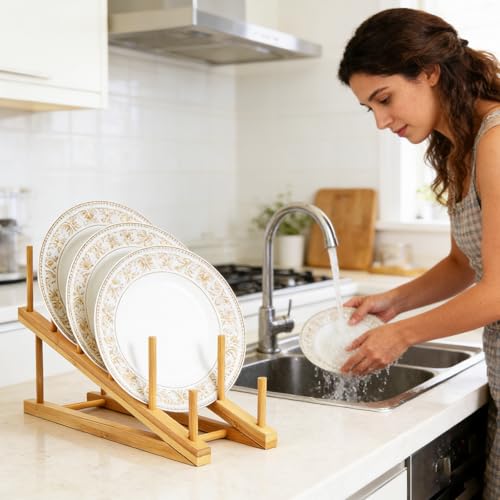 6 Pack Dish Rack Bamboo Drying Rack Wooden Plate Dish Rack Cabinet Organizer Kitchen Pot Lid Stand for Dish (6PCS)