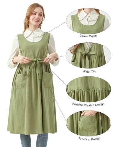 Cotton Apron Women Split Plus Size Bib with Pockets for Cooking (Green)