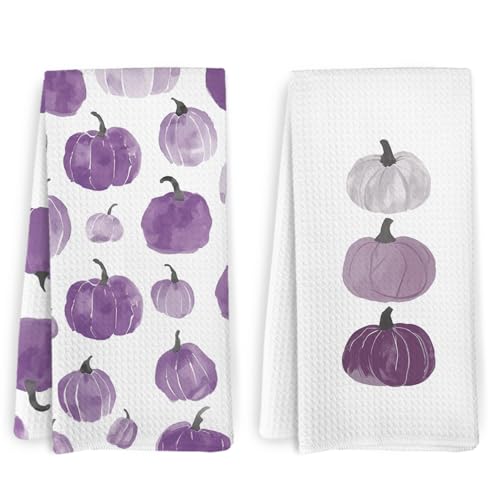 Purple Fall Pumpkin Decor Kitchen Towels and Dishcloths Set of 2 (Purple Pumpkins)