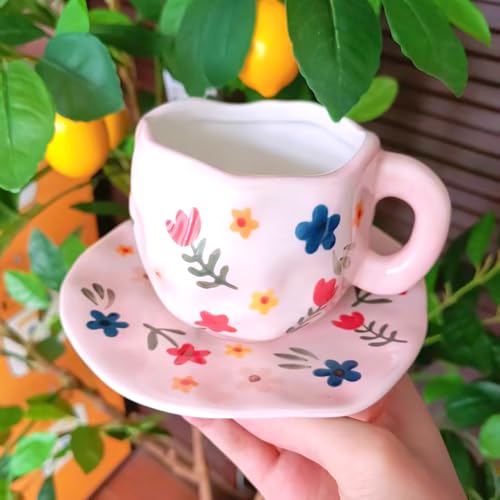 Flower Coffee Mug Pink Fancy Cup with Saucer Set for Women 10 oz (Pink Flowers)