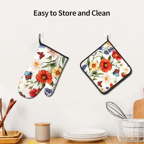 Cute Oven Mitts and Pot Holders Sets Poppy Daisy Flowers Kitchen Gloves Lavender Butterfly Hot Pads 2 Pieces Set Spring Summer Floral Kitchen Decor and Accessories (Poppy Daisy Lavender With Butterfly)