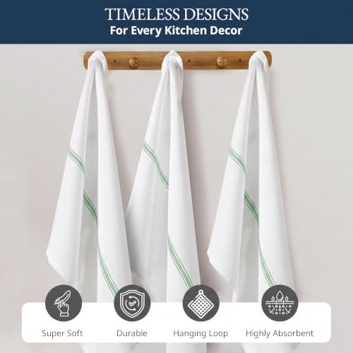 Kitchen Drying Towels 100% Cotton Absorbent Lint (06 Pack / 11: Green Stripe)
