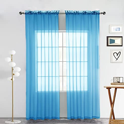 Basic Rod Pocket Sheer Voile Window Curtain Panels Cyan Blue 1 Pair 2 Panels 52 Width 108 Inch Long for Kitchen Bedroom Children Living Room Yard (Cyan Blue / 52"W x 108"L (Pack of 2))