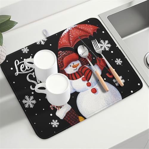 Black Snowman Dish Drying Mats for Kitchen Counter (Let It Snow / 18" x 24")