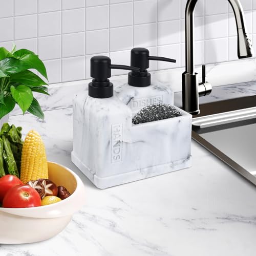 Kitchen Hand Soap and Dish Soap Dispenser Set (3 in 1 - White Marble Look)