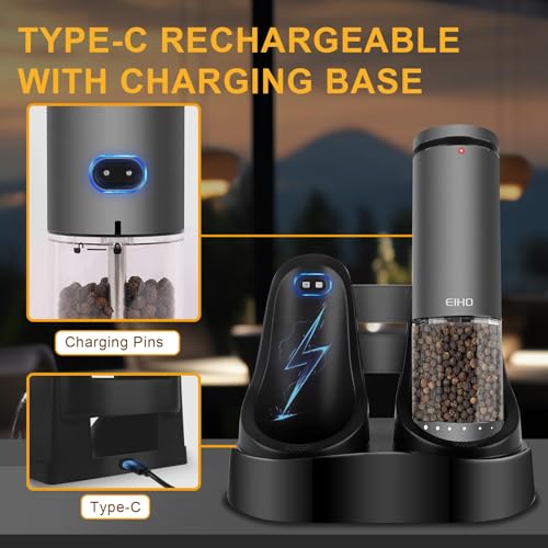 Electric Salt and Pepper Grinder Set USB Rechargeable (Charging Base-Space Gray Set)