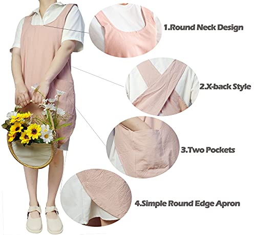 Cotton Cross Back Aprons Solid Color Cooking Kitchen Garden Smock for Women Girls with Pockets (Pink / 37W x 32L)