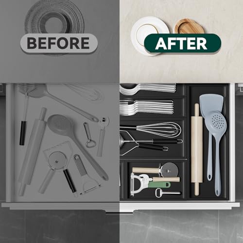 Bamboo Kitchen Drawer Organizer (17 x 6 x 2 Inch / Black)