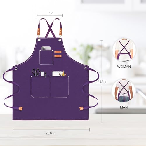 Chef Apron for Men Women Canvas Aprons with 3 Pockets Cross Back Resistant Work Apron for Cooking Grilling Baking BBQ Barber Kitchen (Purple)