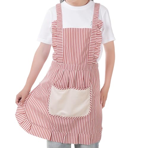 Cute Cotton Apron for Women (Medium / Red/Brown Striped)