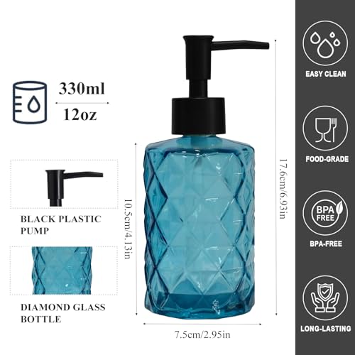 12Oz Blue Glass Soap Dispenser with Plastic Pump (Blue Diamond)
