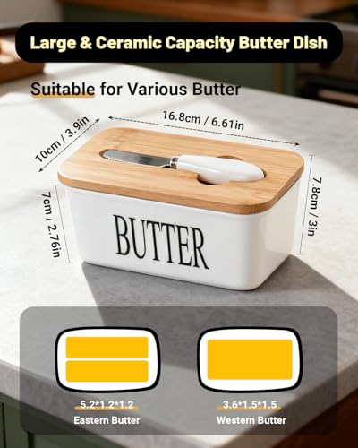 Butter Dish Ceramic with Lid and Knife (White)