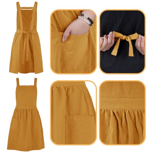 Linen Cotton Pinafore Apron Dress for Women with Pockets (Orange)