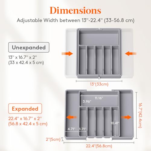 Extra Large Silverware Drawer Organizer (Gray / XL Deep (13-22''W x 16.7''D))