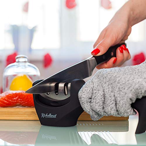 4-in-1 Kitchen Knife Accessories: 3-Stage Knife Sharpener Helps Repair, Restore, Polish Blades and Cut-Resistant Glove (Black) (Black)