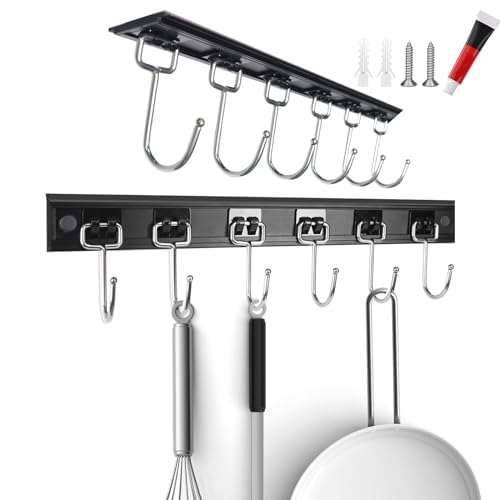 2pcs Utensil Racks with 6 Hooks 11 Inch Mug Holder Under Cabinet Kitchen Utensil Holders Multifunctional (BLACK / 11 inch & 6 hooks)