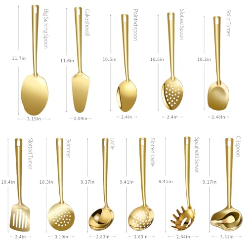 Cooking Utensil Set 11 Pcs Stainless Steel Kitchen Utensils Set Wok Utensils Kitchen Tool Set Spatula Set Heat Resistant Metal Kitchen Tools Ergonomic HandleEasy to Clean Dishwasher Safe (Gold)