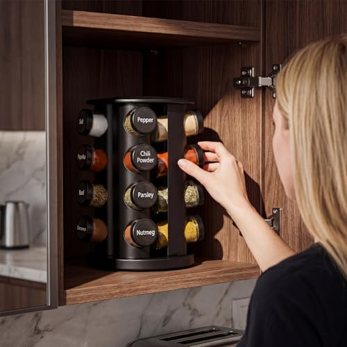 Black Rotating Spice Rack with 16 Empty Jars and Labels (Black)