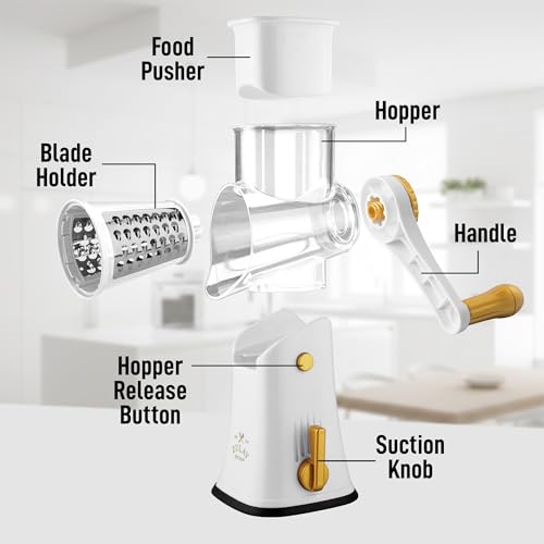 Rotary Cheese Grater Manual Hand Crank 5 Blade Shredder (5 Blades / White & Gold)