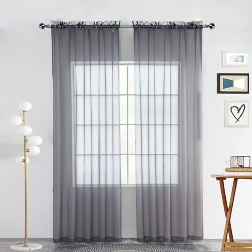 Sheer Voile Window Treatment Rod Pocket Curtain Panels for Kitchen Bedroom Living Room Drapes Sunlight Filtering Privacy Semi Home Decor Assorted Colors Sizes (Grey / 52"W x 72"L (Pack of 2))