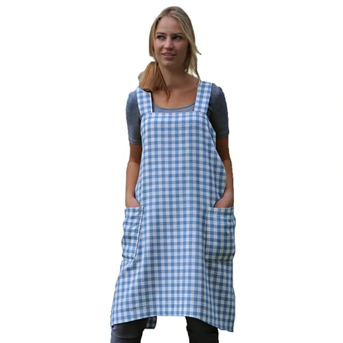 Women's Pinafore Square Apron Baking Cooking Gardening Works Cross Back Cotton (3X-Large / Plaid-skyblue)