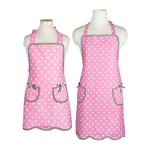 Kitchen Aprons with Pockets for Mother and Daughter (Pink Polka Dot)