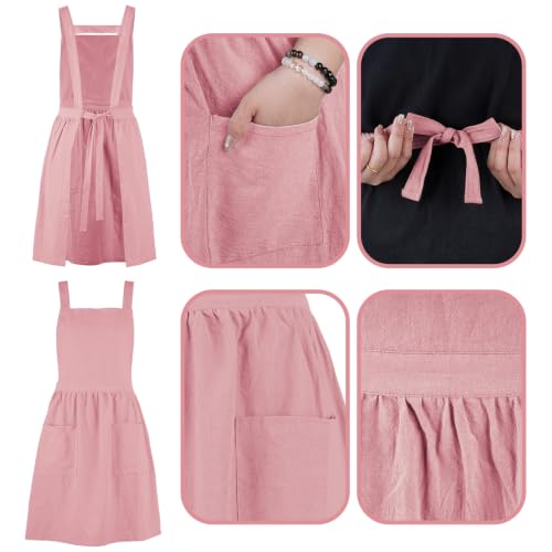 Linen Cotton Pinafore Apron Dress for Women with Pockets (Pink)