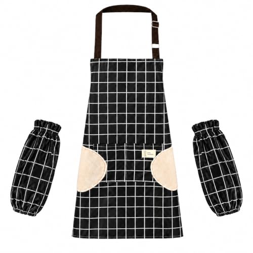 Waterproof Bib Apron Set with Sleeves (Black-grid)