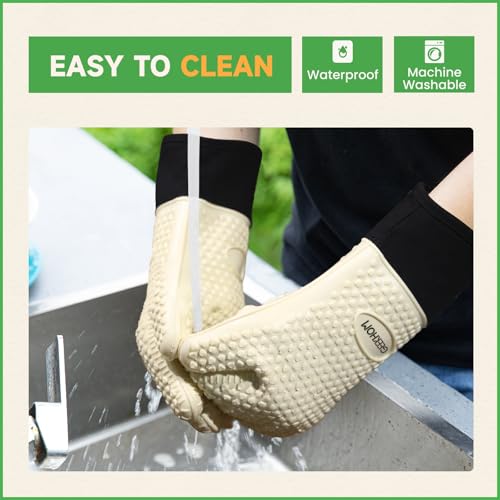 BBQ Gloves Heat Resistant Oven Mitts (Beige / Large)