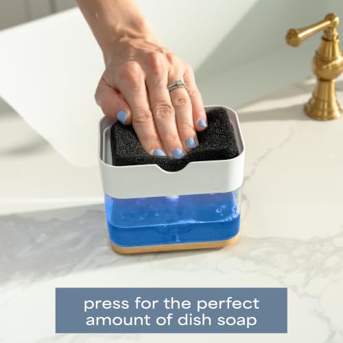 Dish Soap Dispenser and Sponge Holder (White and Bamboo)