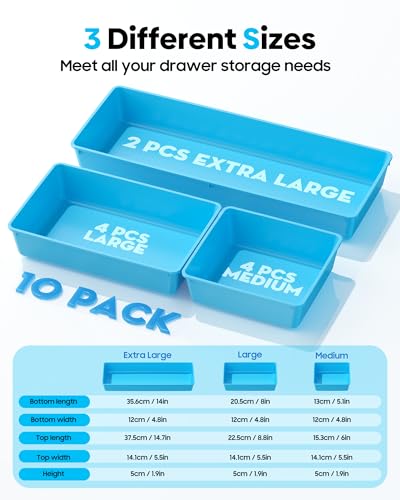 10 Pack Large Size Plastic Drawer Organizers Set (Blue)