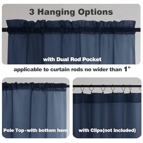 Sheer Window Valance Curtains (Navy Blue / 42"W x 14"L (Pack of 2))