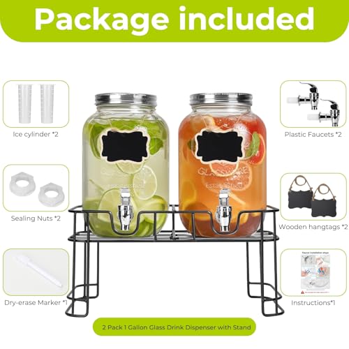 2 Pack 1 Gallon Glass Drink Dispensers with Ice Core for Party (1 Gallon with Wooden Lid)