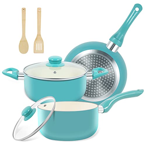 Pots and Pans Set 7 piece (Turquoise / 8" Skillet + 1.5QT Saucepan + 3QT Stockpot)