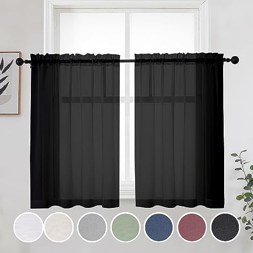 Short Sheer Curtains 30 Inches 2 Panels Set (Black / 42"W x 30"L (Pack of 2))