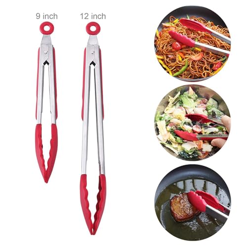 2 Pack Silicone Kitchen Tongs (Red)