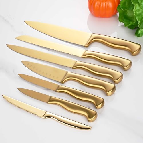 15 Piece Gold Kitchen Knife Block Set with Sharpener (Gold)