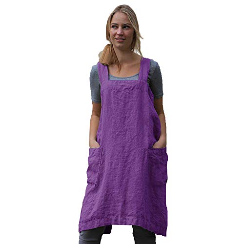 Women's Pinafore Square Apron Baking Cooking Gardening Works Cross Back Cotton (Large / Y-purple)