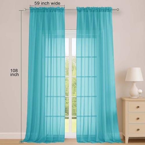 Sheer Turquoise Curtains 108 Inches Long for Living Room Bedroom 2 Panels Set (Turquoise / 59"W x 108"L (Pack of 2))