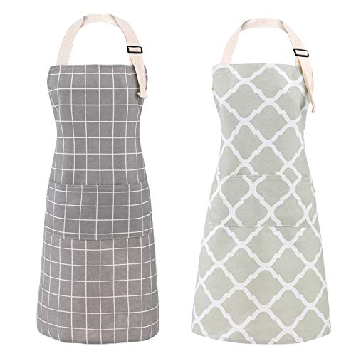 2 Pieces Cotton Linen Waterproof Bib Kitchen Apron with Pockets (Grey/Green)