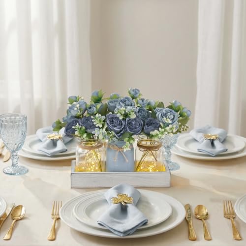 Mason Jar Lights Centerpieces for Tables Dining Room Farmhouse Decor (Grey Blue / small)