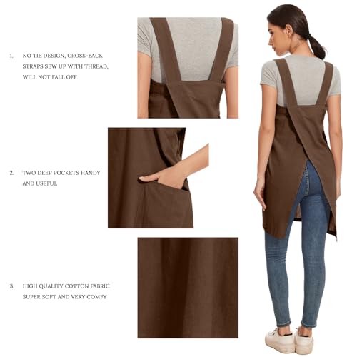 Women Apron with 2 Pockets Cotton Linen Kitchen Baking Cooking Chef Cross Back Pinafore Dress for Work Restaurant Gardening (3X-Large / Brown)