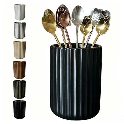 Stoneware Coffee Bar Utensil Holder Tea & Coffee Spoon & Stirrer Holder for Stir Stick Straw Teaspoon Holder Espresso Spoon Cup Small Utensil Jar Fluted Vertical Stripe (Matte Black)