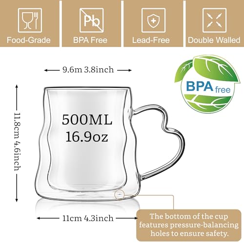 Double Wall Glass Coffee Mugs Set of 2 (Clear mug-16.9oz)